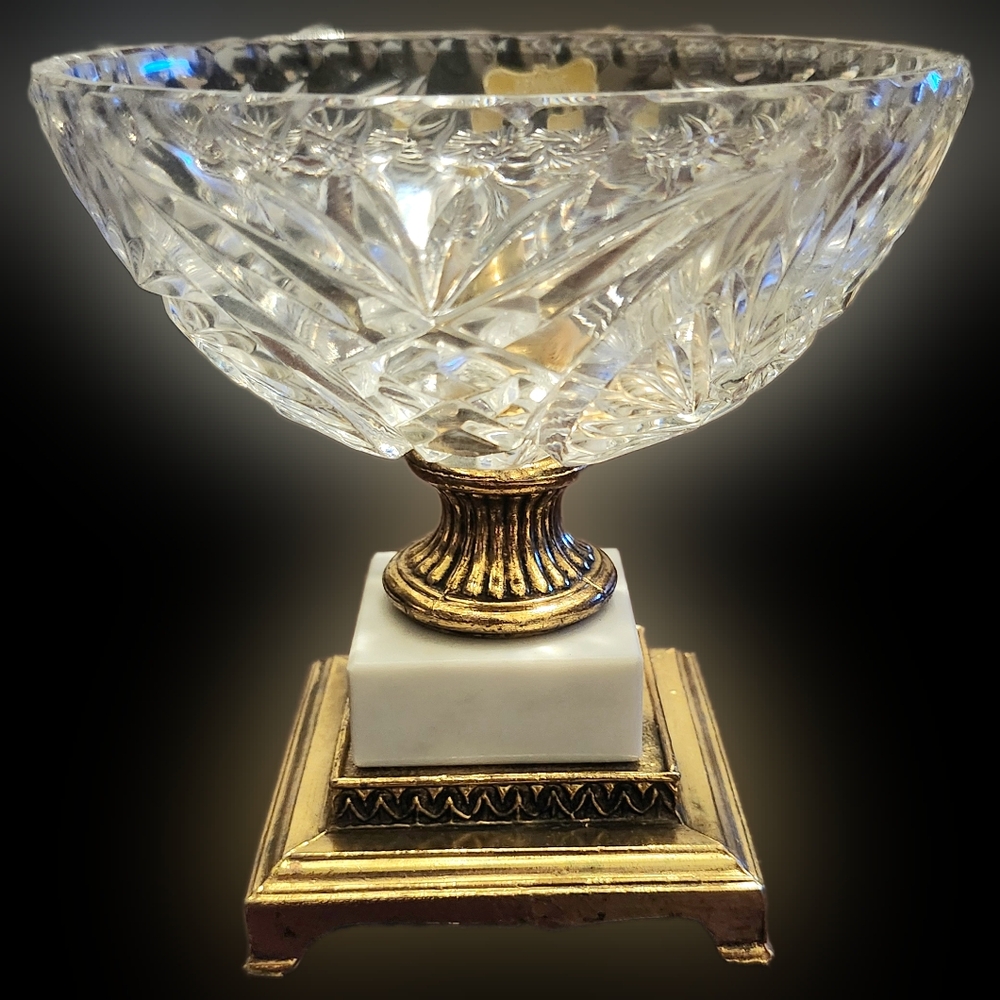Vtg Western Germany Geniune Lead Crystal Pedastal Candy Dish (Marble & Brass) - Picture 3 of 6